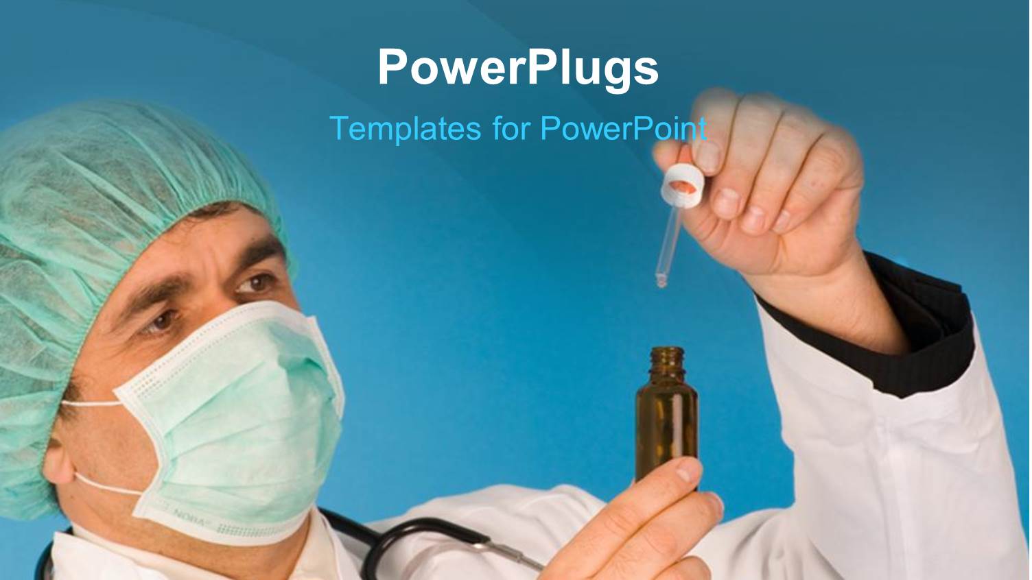 Doctor with Nose Mask and Stethoscope Around Neck Holds Medicine in Hand