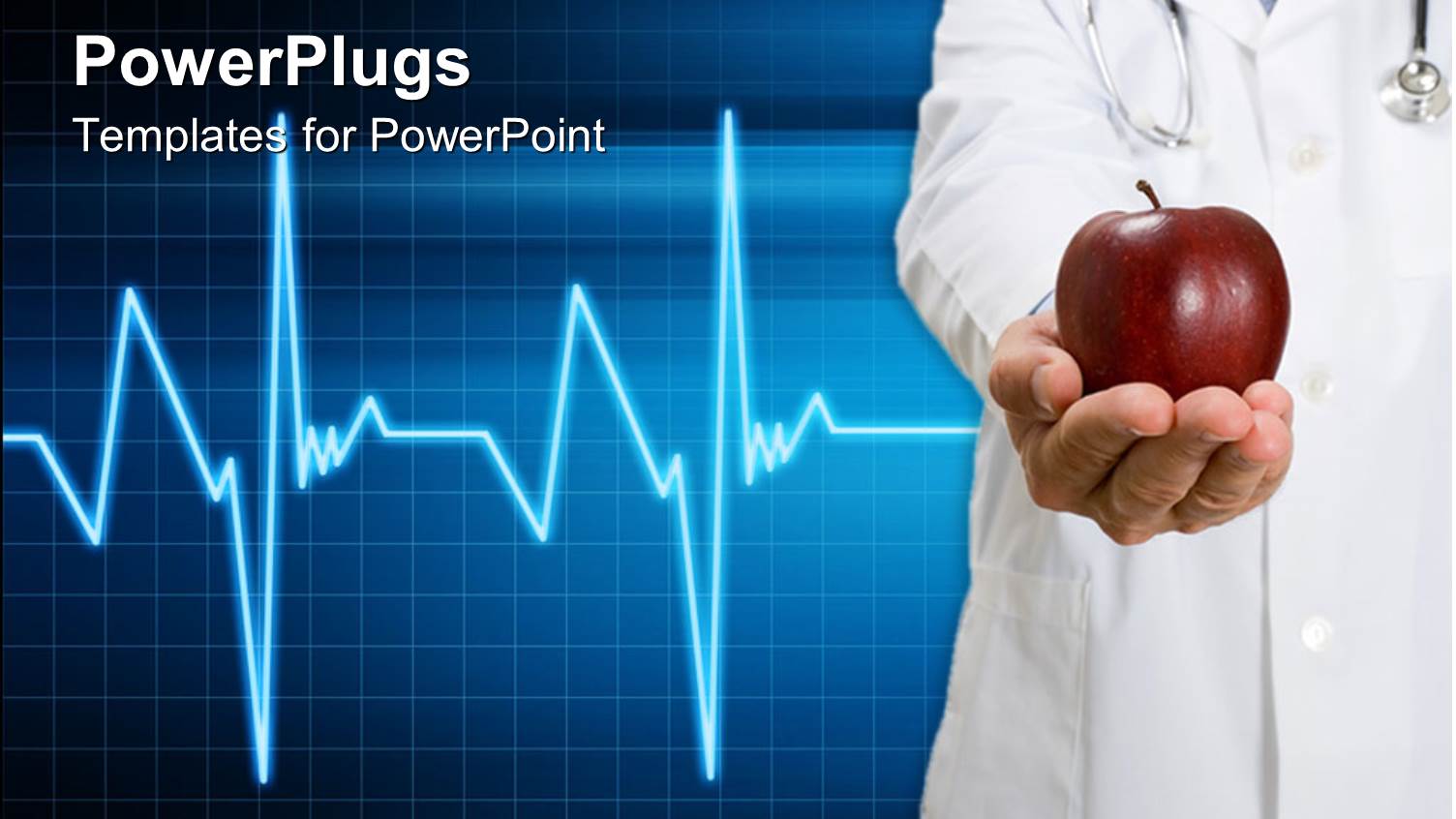 Doctor with Stethoscope Offering Hand with Apple and Heartbeat Line on Blue Squared Background