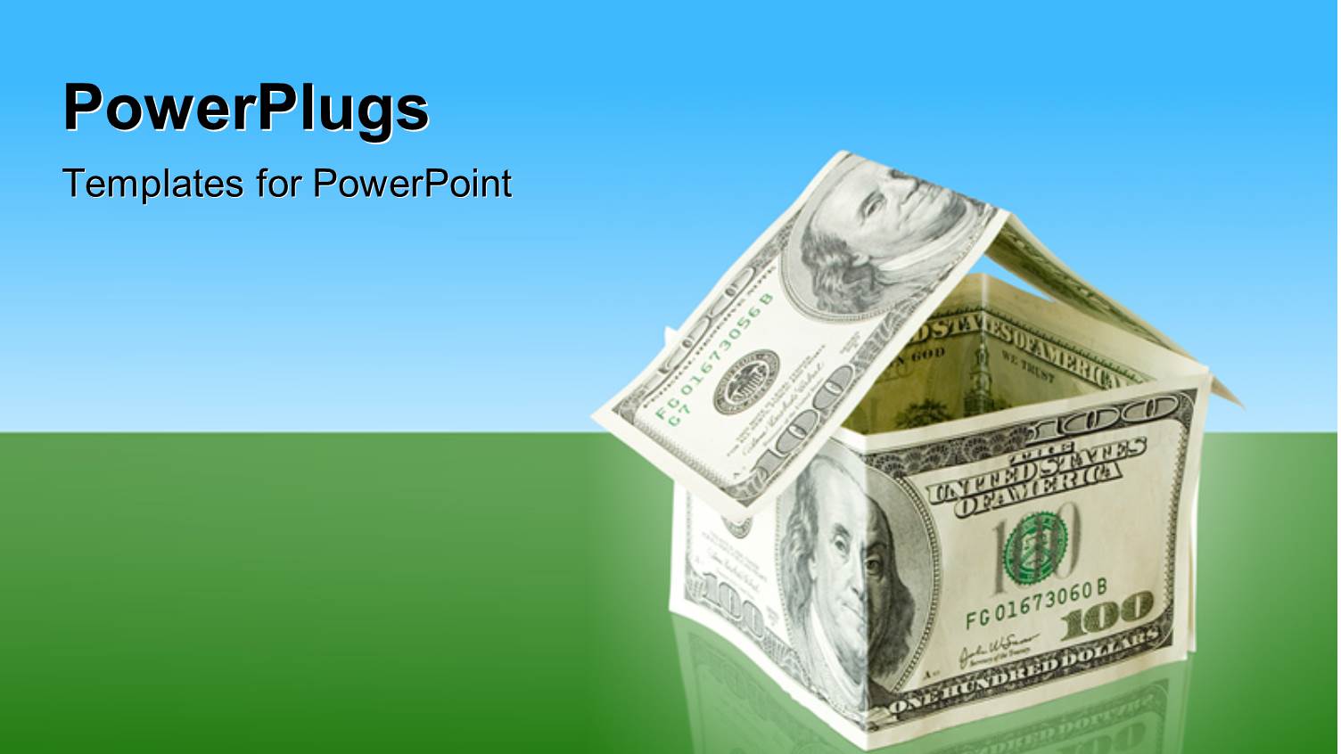 some Dollar Bills Forming a House on a Green and Blue Background