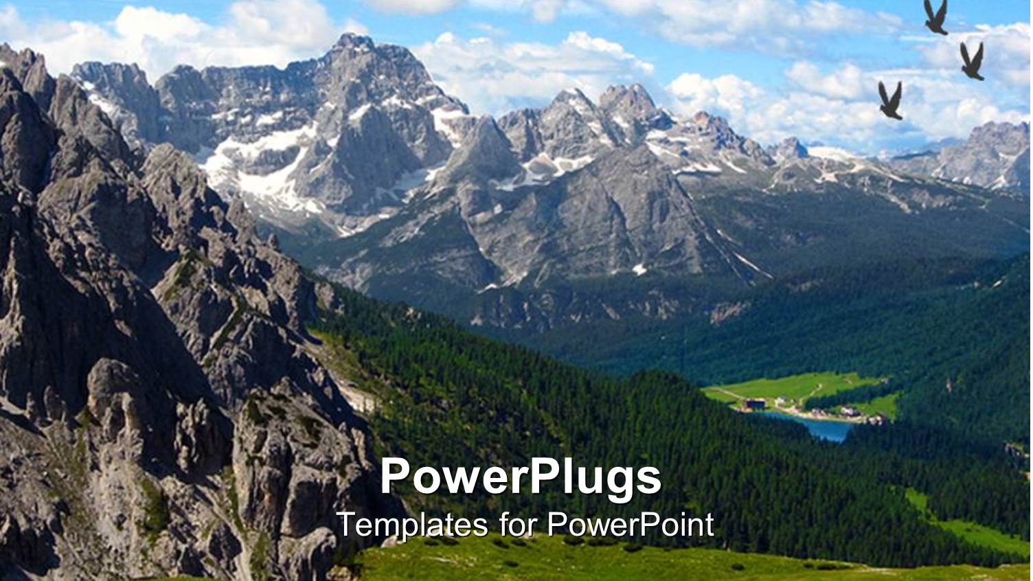 Dolomite Mountains with Birds Soaring High and Green Vegetation