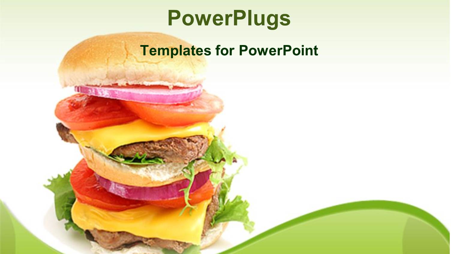 Double Cheeseburger with Cheese Slices, Meat, Onion Slice, Tomato Slice and Salad Between Burger Slices on Light Green