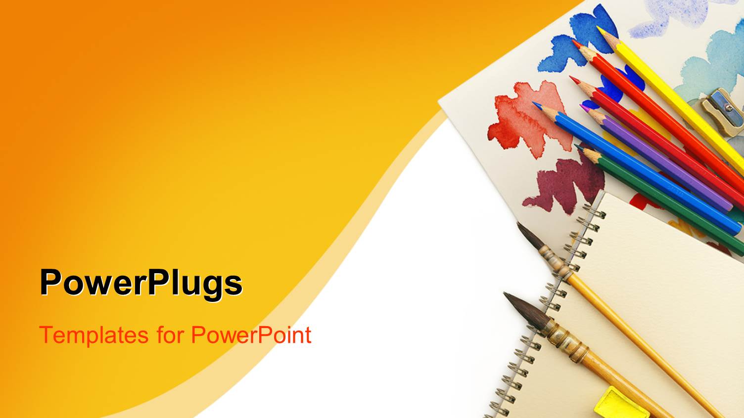 Drawing Theme with Paint Brushes, Colored Pencils, Sharpener and Color Palette Sheet of Paper on Yellow and White