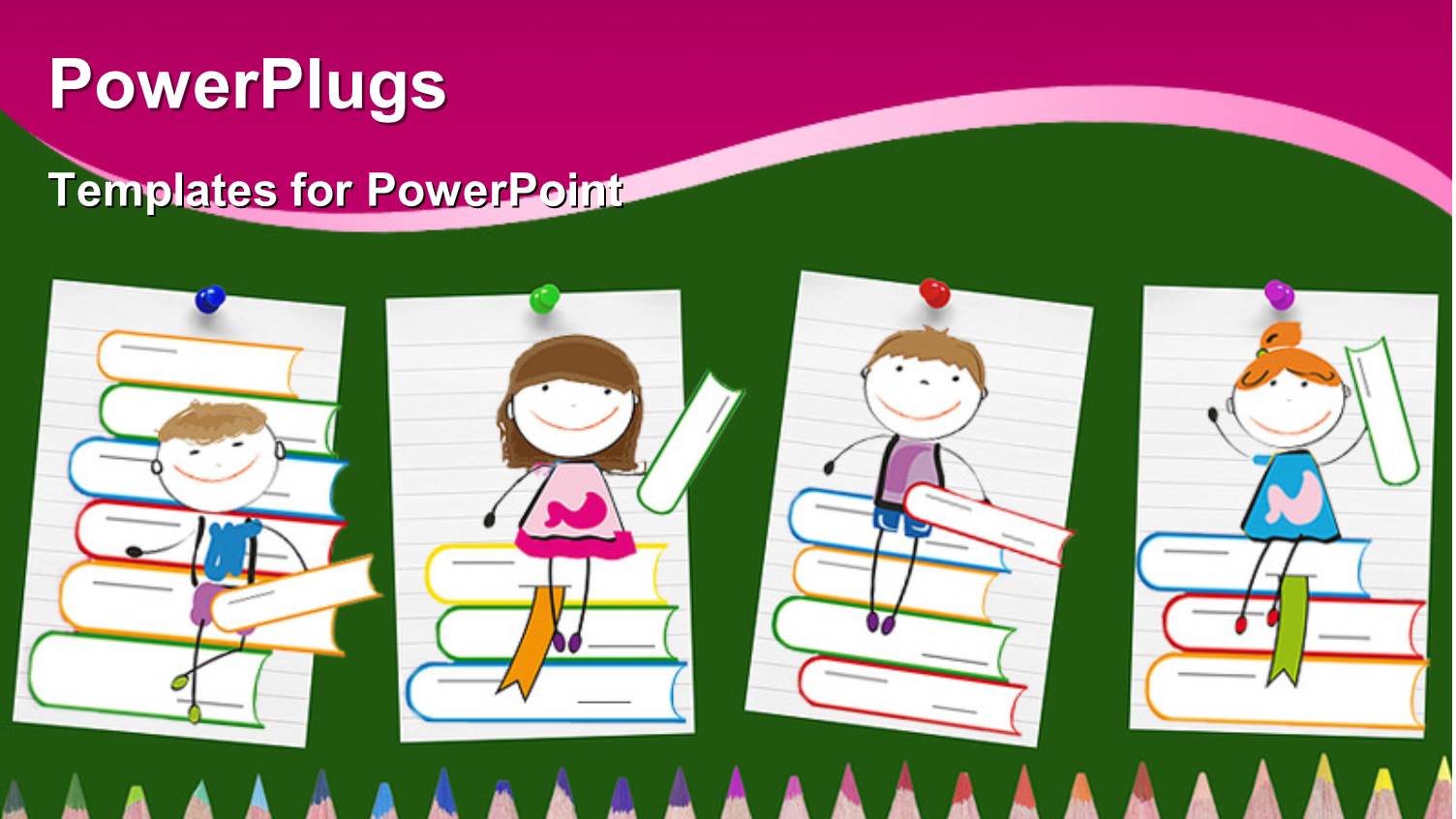 Drawings of Smiling Children Sitting on Books Above Colored Pencils