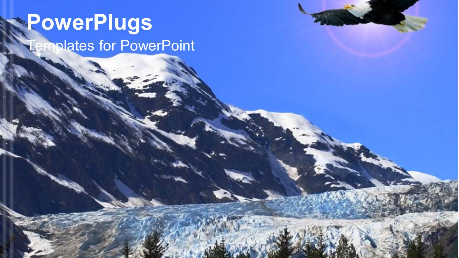 Eagle Flying in Blue Clouds Over Hills Covered with Snow