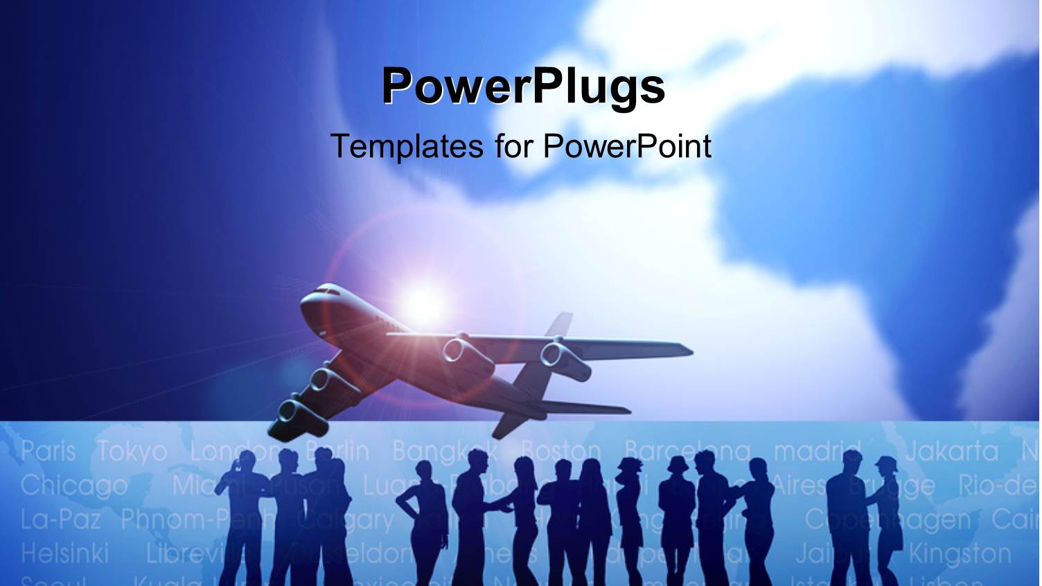 Earth Globe Faded in Background with Airplane and Silhouette of People