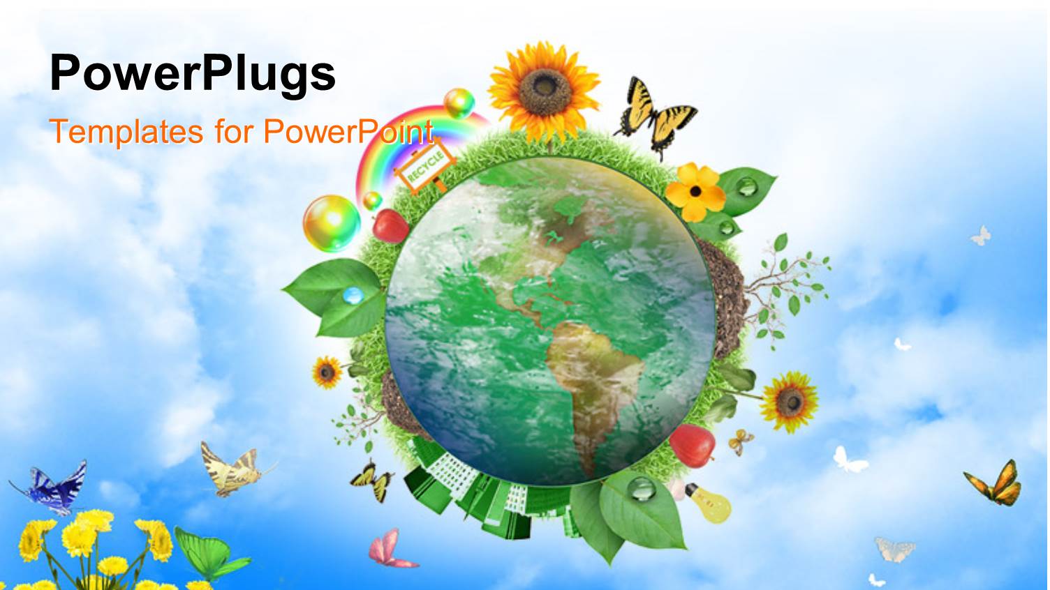 Earth Globe Surrounded by Different Recycle and Nature Icons with Clods and Nature in Background