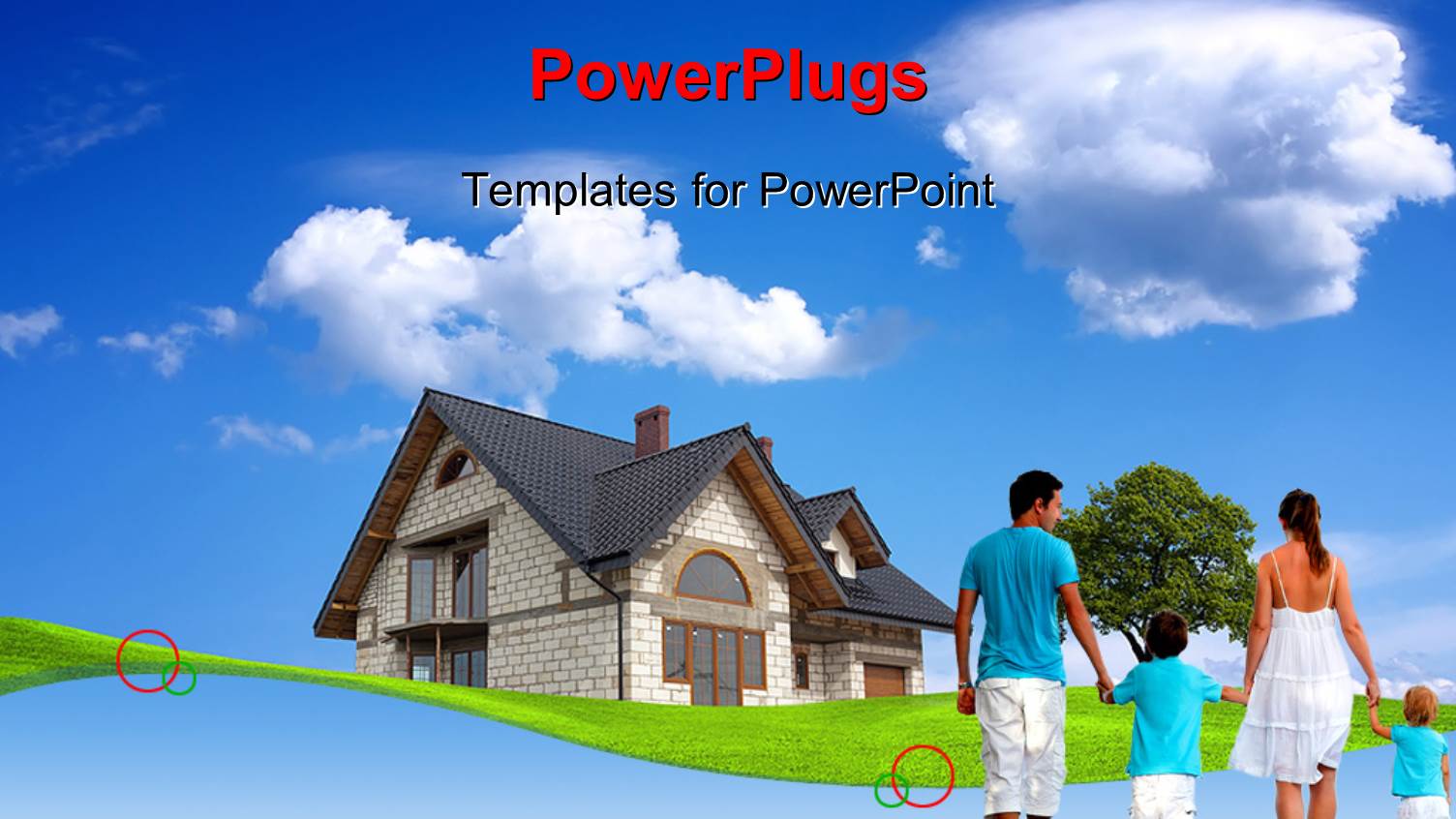 Happy Family of Four with Beautiful House Over Blue Cloudy Sky