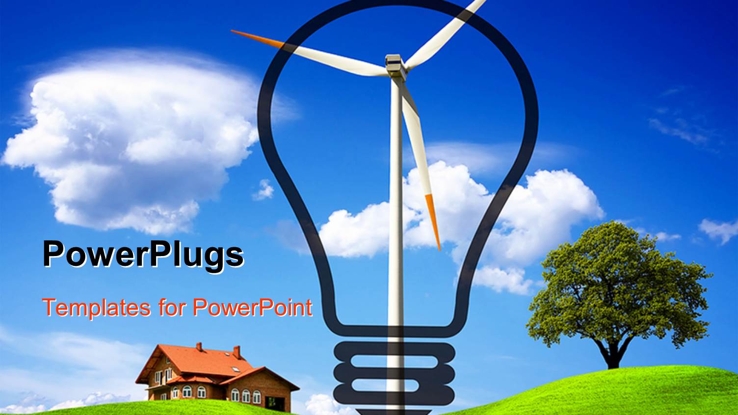 Ecologic Energy with Windmill Framed by Designed Classic Light Bulb and Home Scenery with Tree Green Grass and Bright