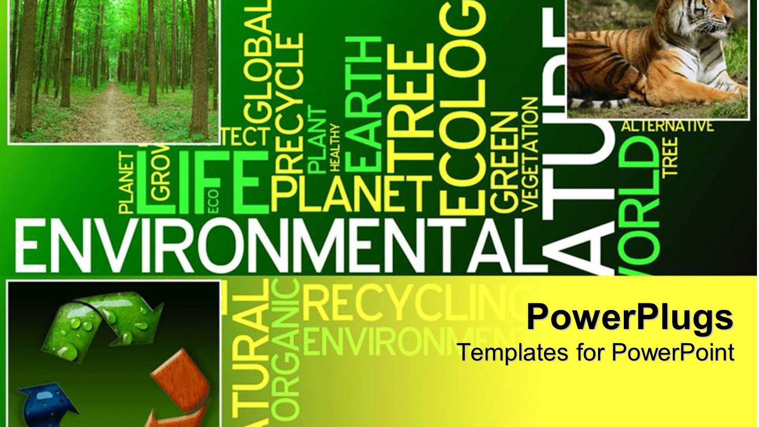 Ecology Collage with Recycle Symbol, Tiger, Forest in Green Background with Words
