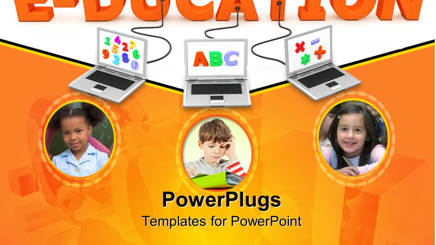 Education Connected to Three Laptops with Alphabets, Numerals, and Arithmetic Operators