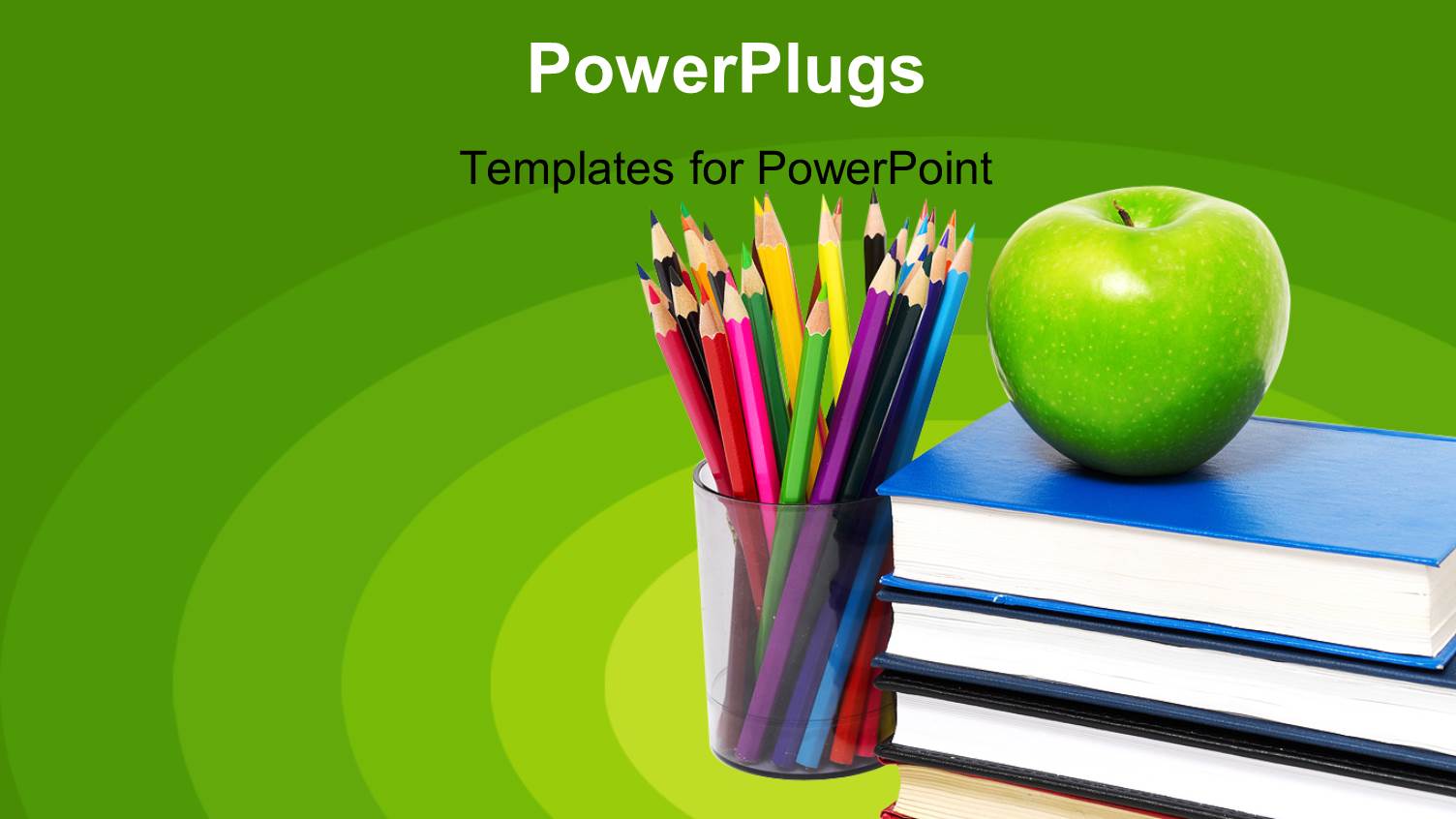 Education Green Background with Books, Apple and Colored Pencils in Cup, School, Teaching
