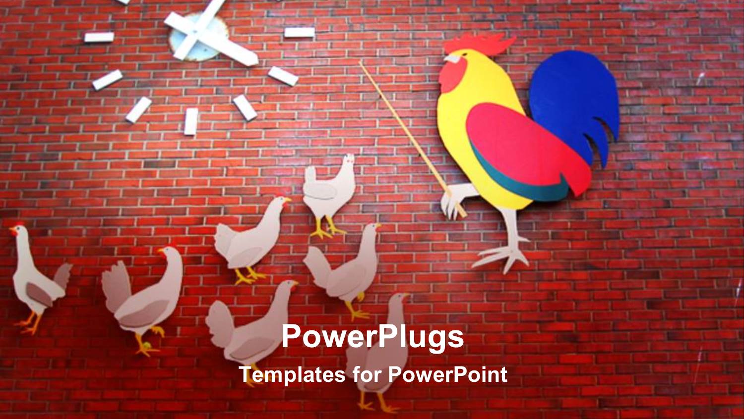 Education Metaphor with Rooster Teaching Hens, Clock, Red Brick Background