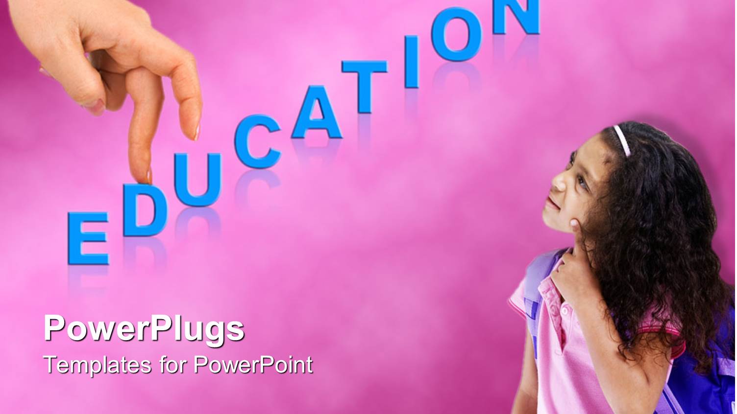 Education Theme with Blue Education Word and Hand with Fingers Going Up the Stairs of Education, Girl Thinking