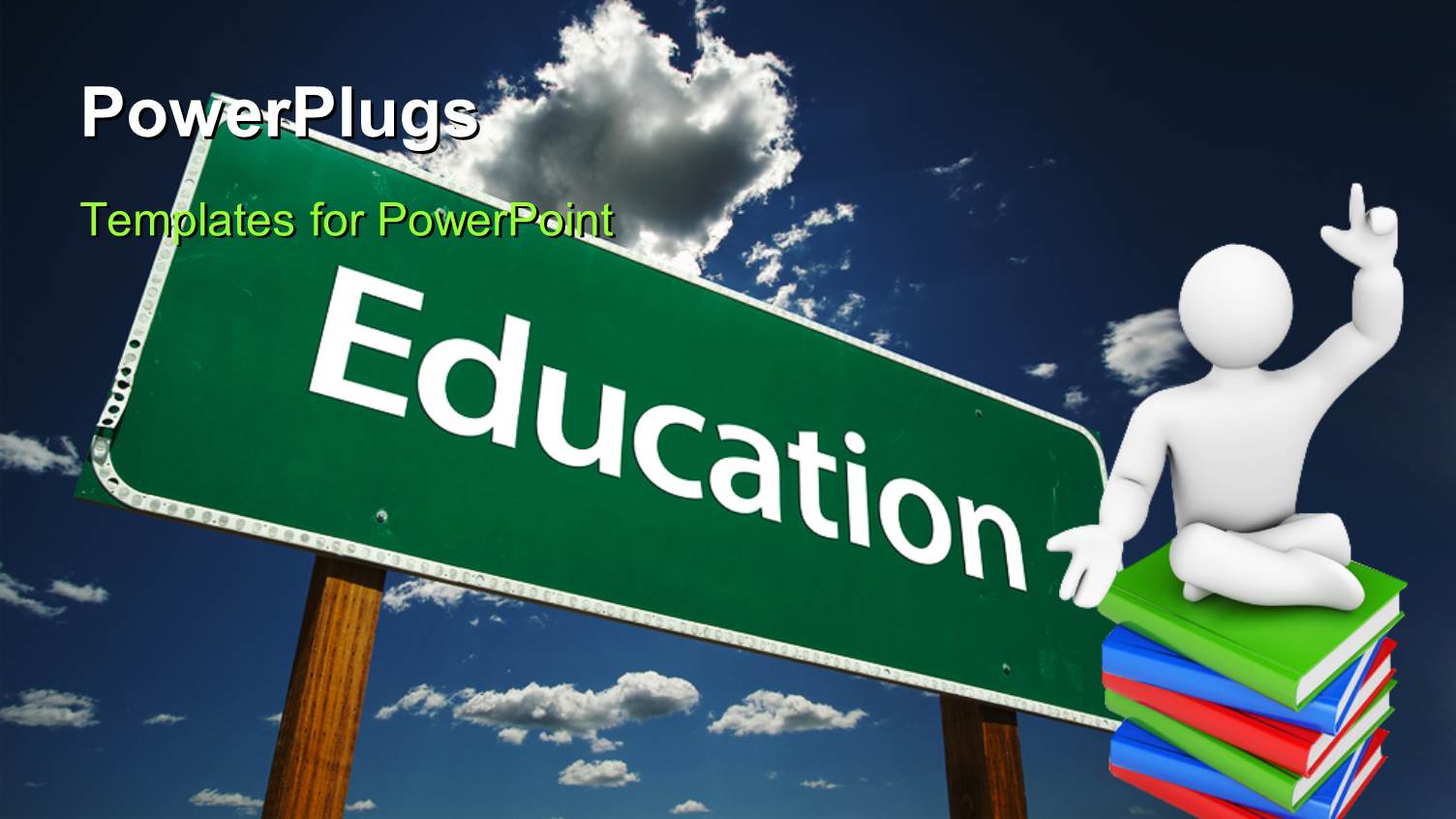 Education Theme with Education Word on Green Signpost and White 3D Figure Sitting on Pile of Green, Blue and Red Books