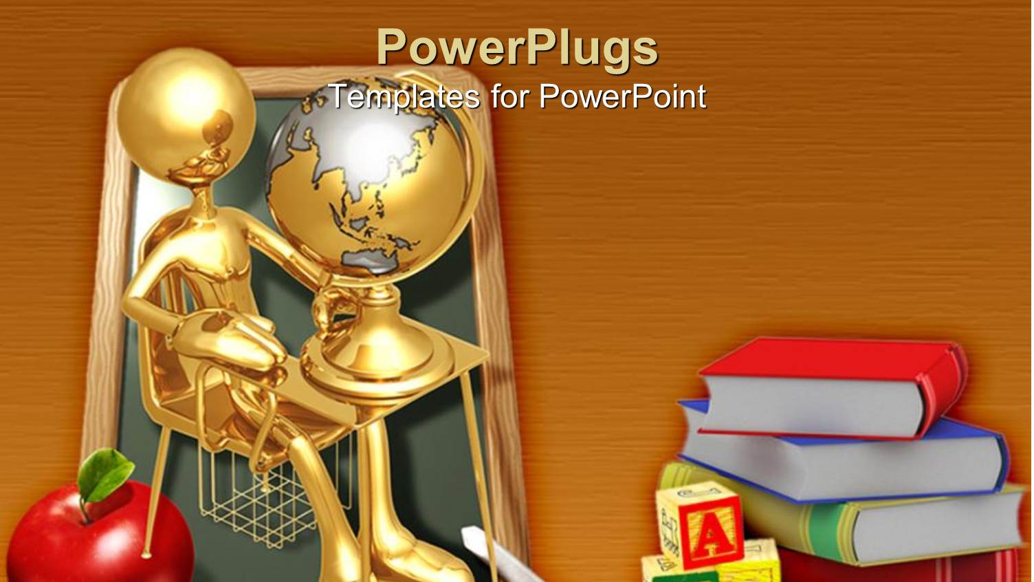 Education Theme with Gold Student at Desk with Globe, Chalkboard, Apple, ABC Blocks, Books, Education, School