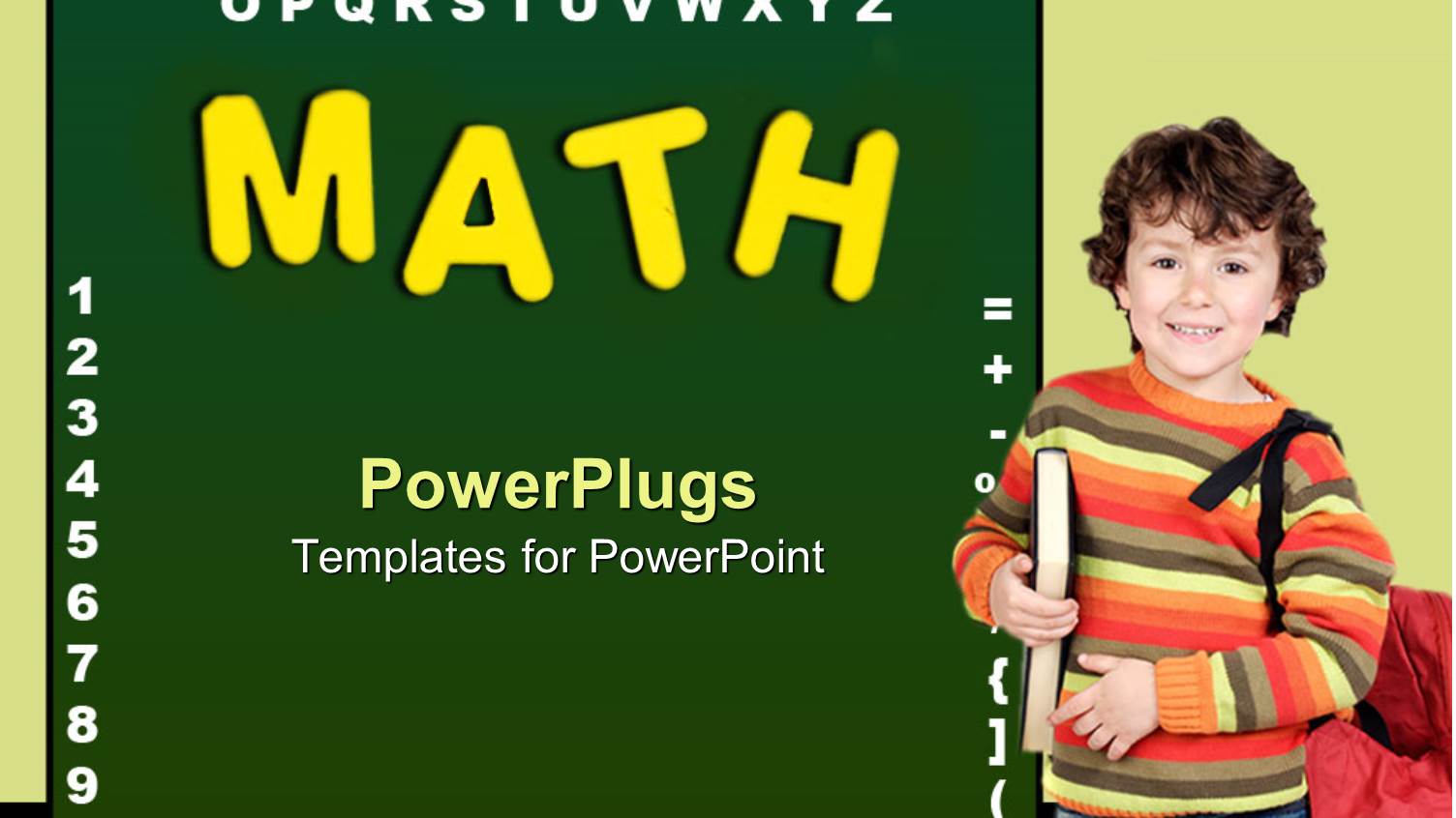 Education Theme with Green Chalkboard and Math Word Written with Yellow Letters, Alphabet and Numbers and a Boy Pupil