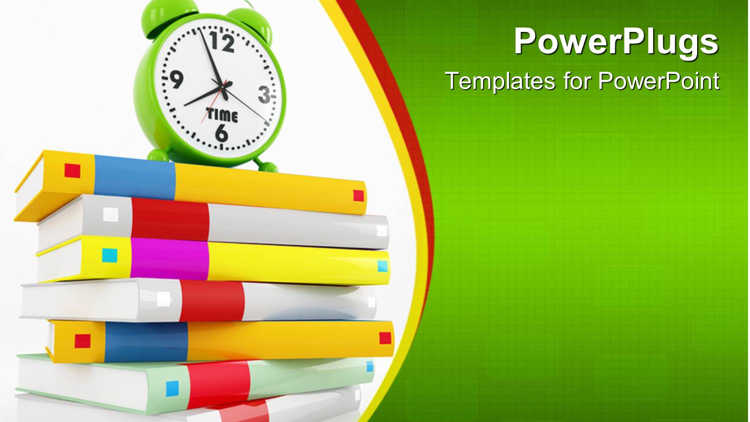 Education Theme with Various Colored Cover Books One on Top of other with Green Alarm Clock Showing 8 O Clock