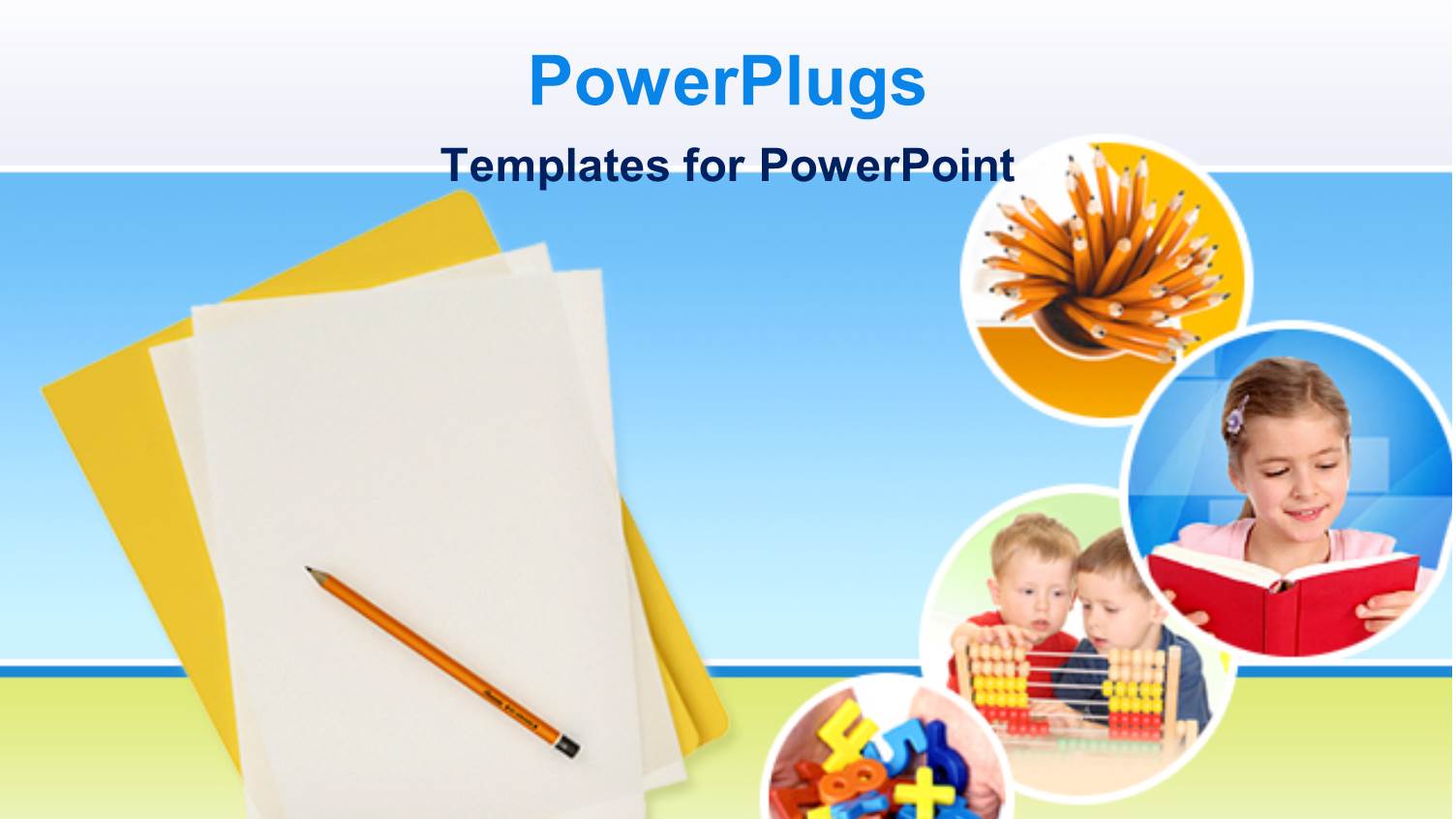 Education Theme with Yellow Folder and White Papers with Pencil, and Four small Icons Depicting Pencils, Girl Reading a
