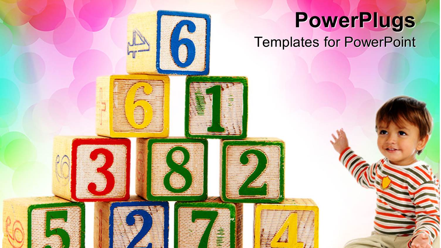 Educational Wooden Blocks with Colorful Numbers and Toddler Boy Showing the Letters on Rainbow Colored Background