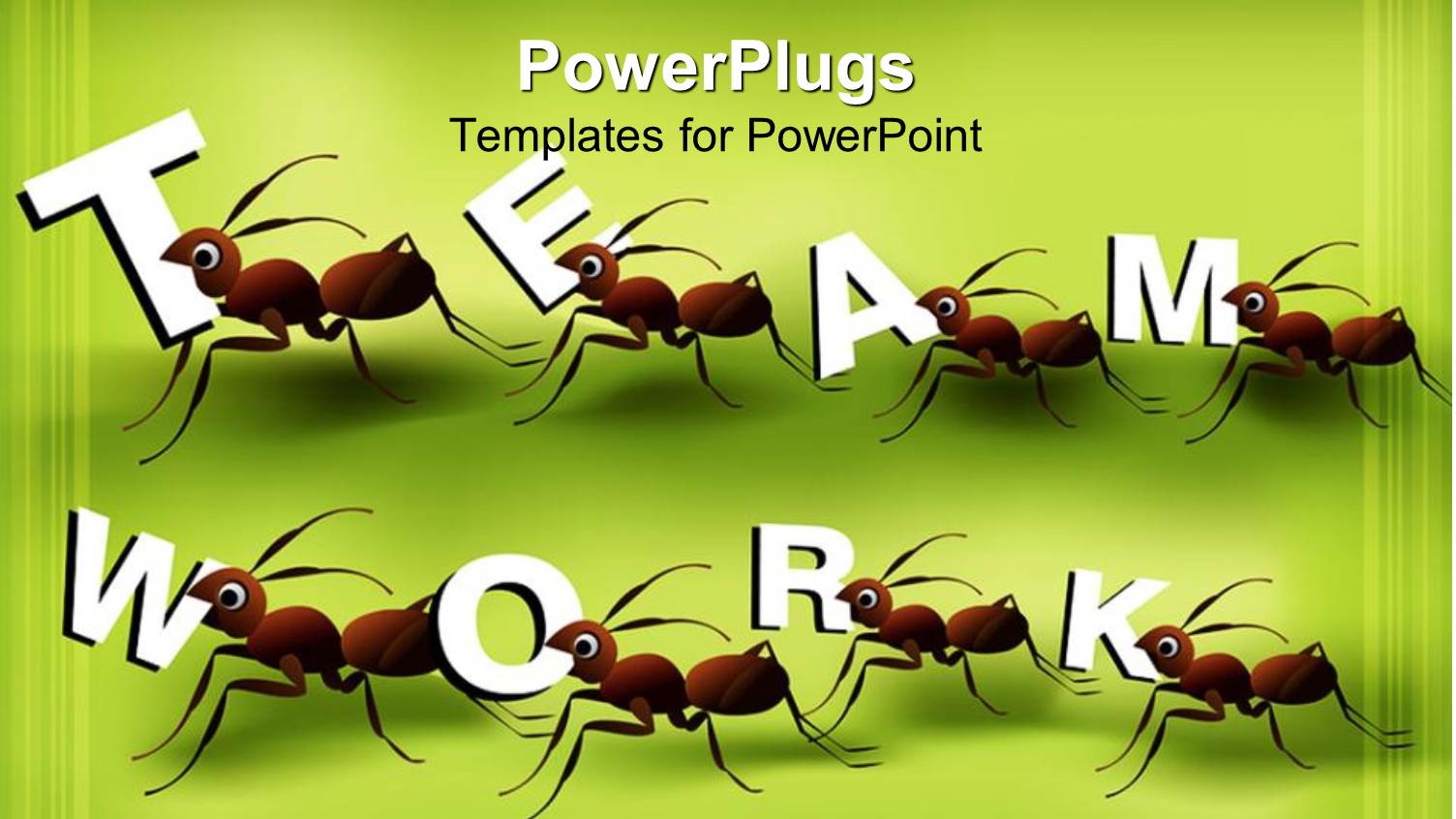 Eight Ants Working in Team to Create Word Teamwork on Green Background