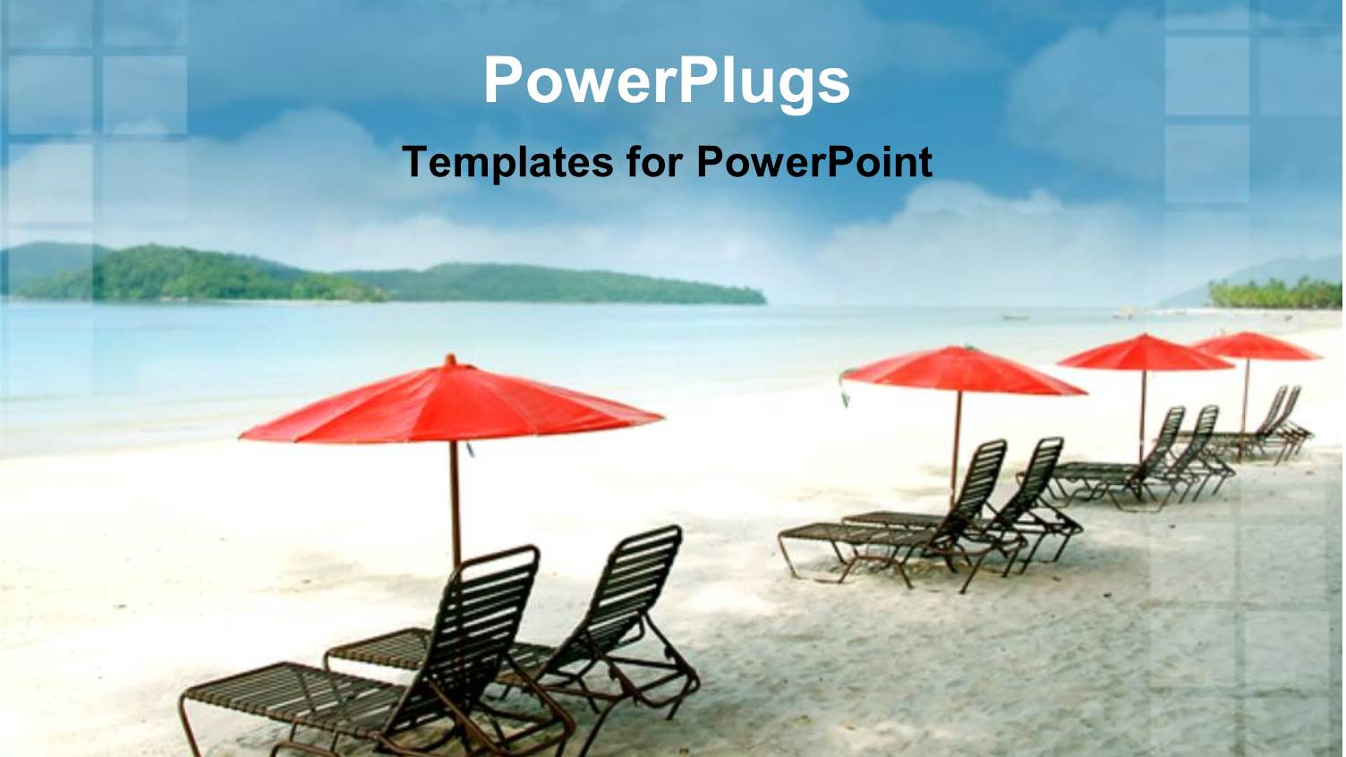 Eight Beach Chair Lounges with Red Umbrellas on Beach Looking to the Ocean