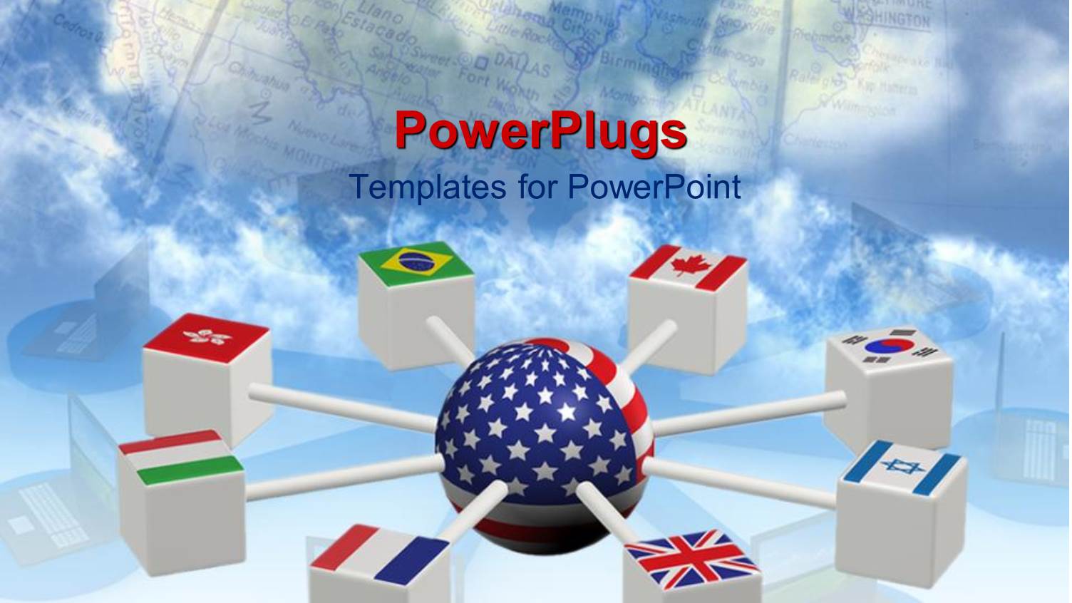 Eight Cubes with Different Flags Attached to a USA Globe