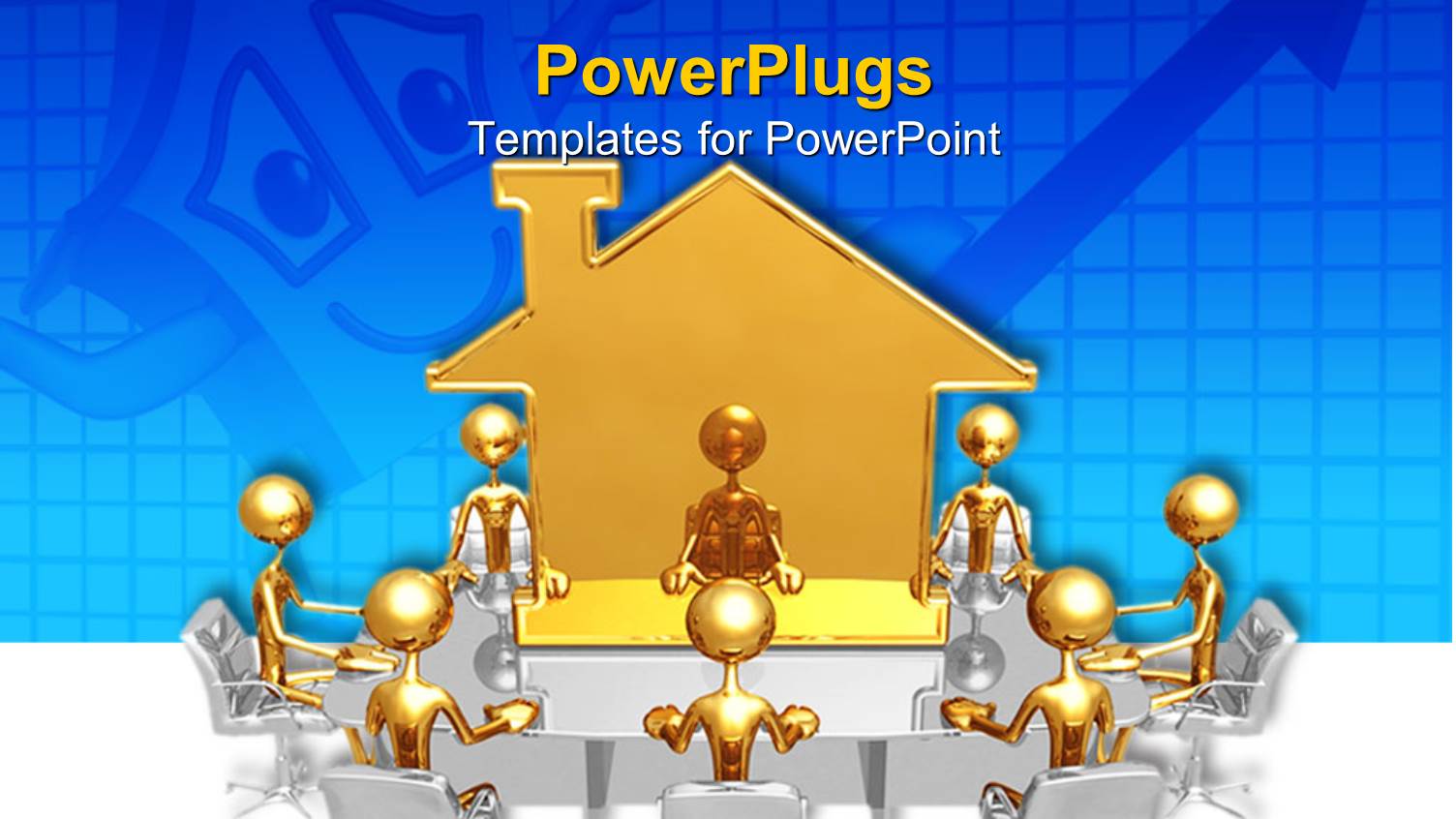 Eight Gold Colored 3D Characters Sitting Round a Gold Colored House