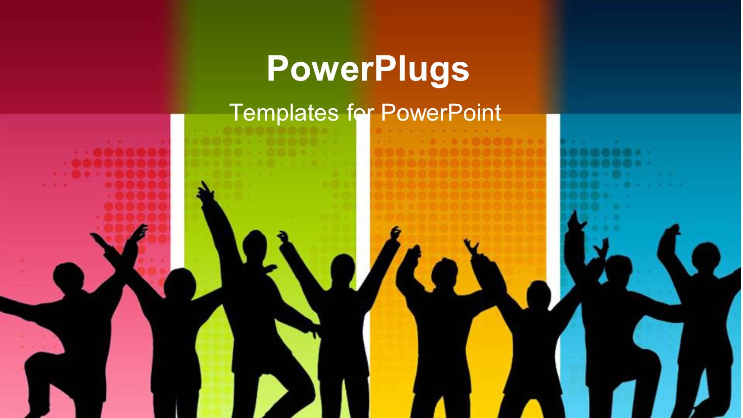 Eight Happy People in Front of Four Different Colored Blocks