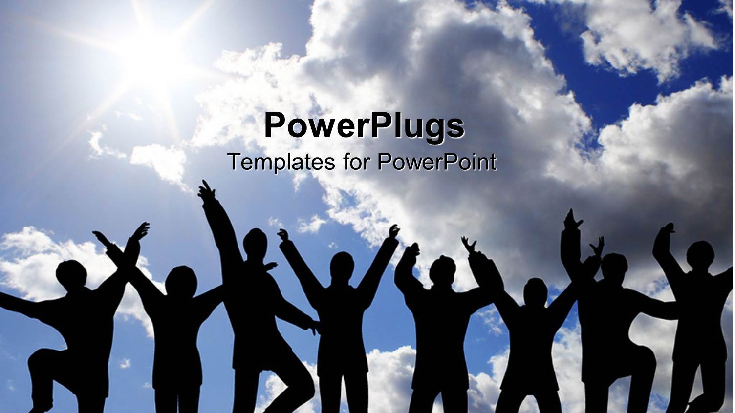 Eight Humans Jumping with a Clear Shiny Sky Background