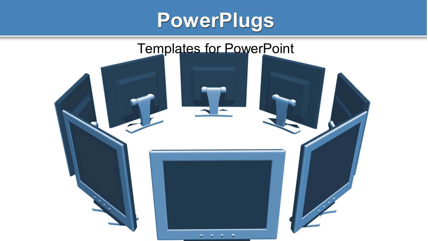 Eight Monitors in a Circle on a White Surface