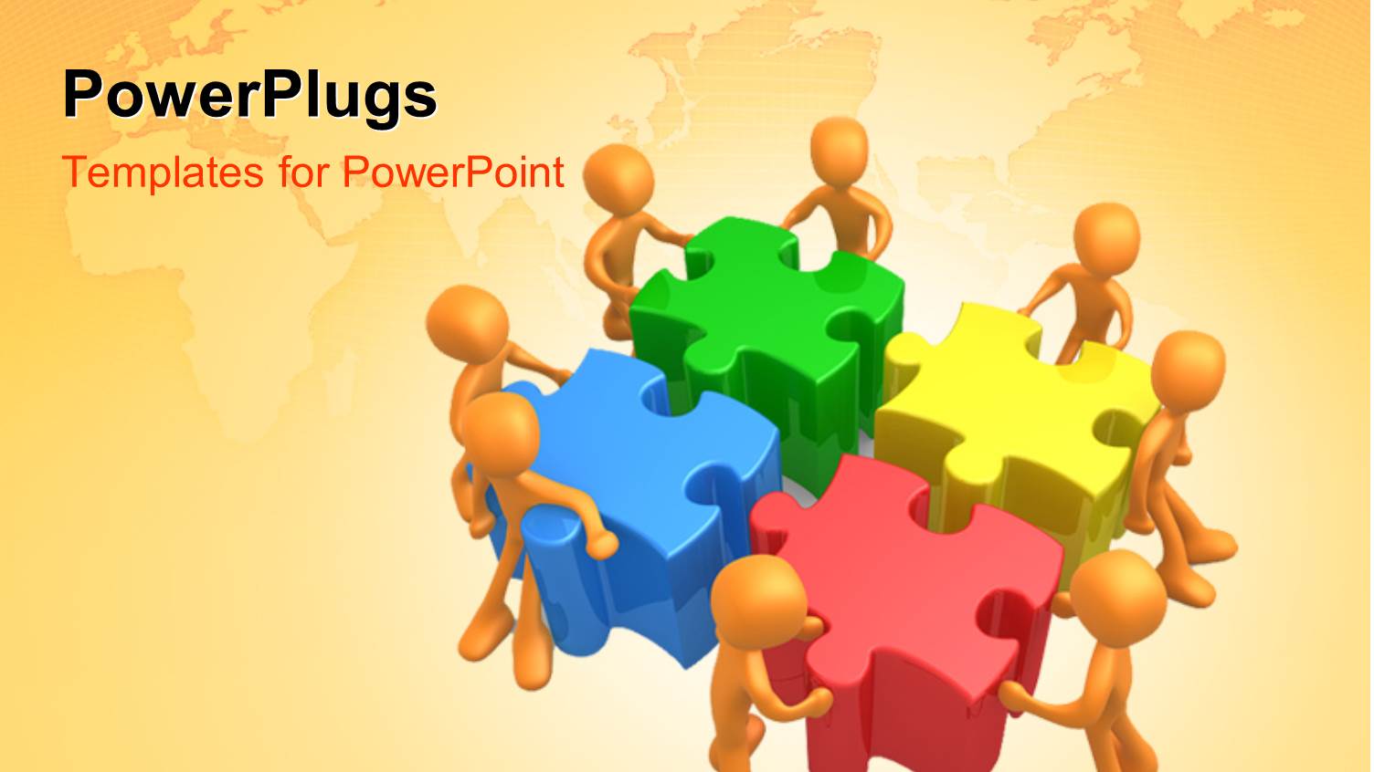 Eight Orange Figures Pushing Together large Puzzle Pieces