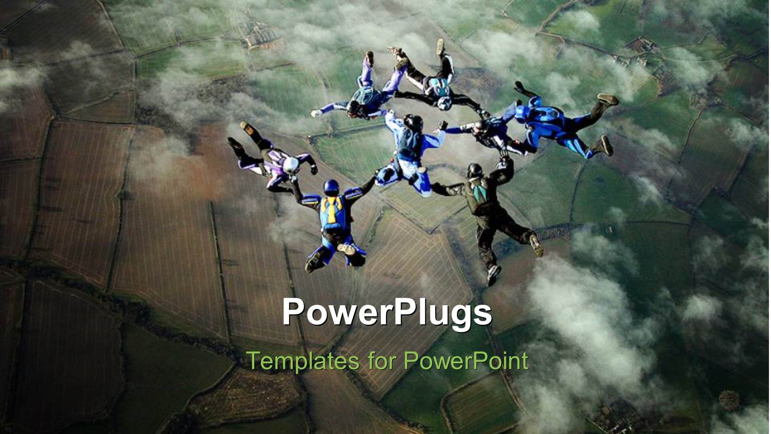 Eight Sky Divers in Cloudy Sky Performing Stunts