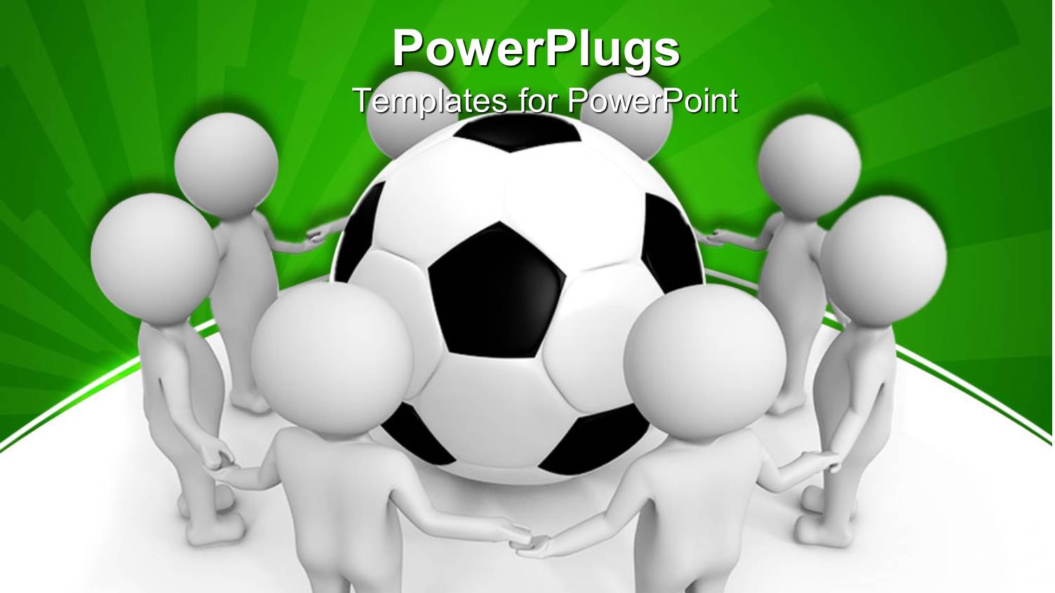 Eight White 3D Figures Holding Hands Framing a Black and White Soccer Ball on White and Green Background