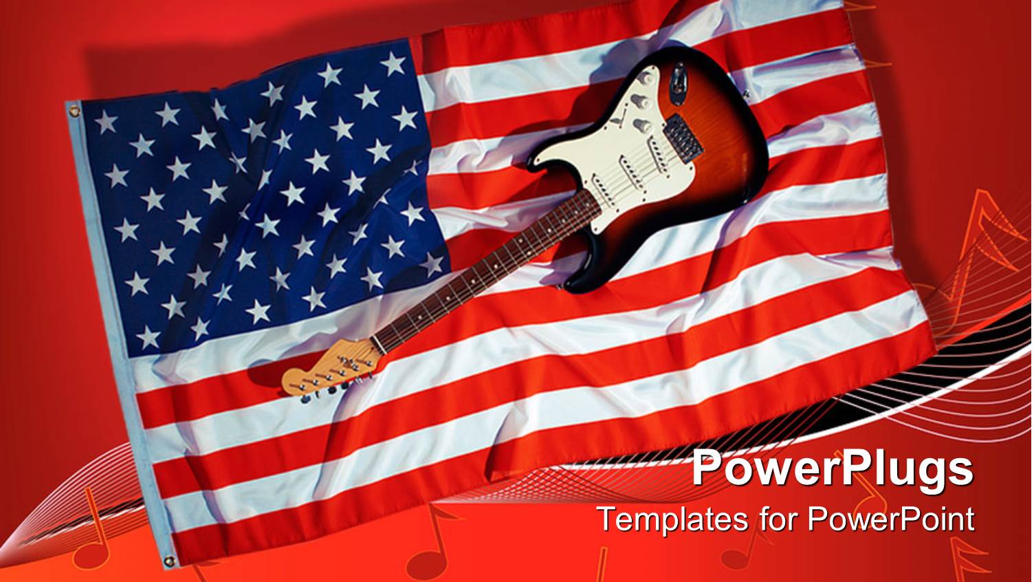 Electric Guitar Sitting on American Flag with Red Background and Music Notes