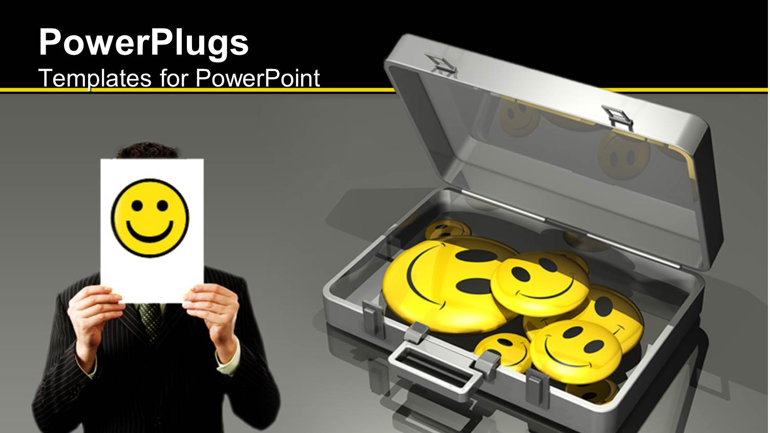 Employee Satisfaction Metaphor with Man Holding Smiley Face Paper, Brief Case Full of Yellow Smiling Faces