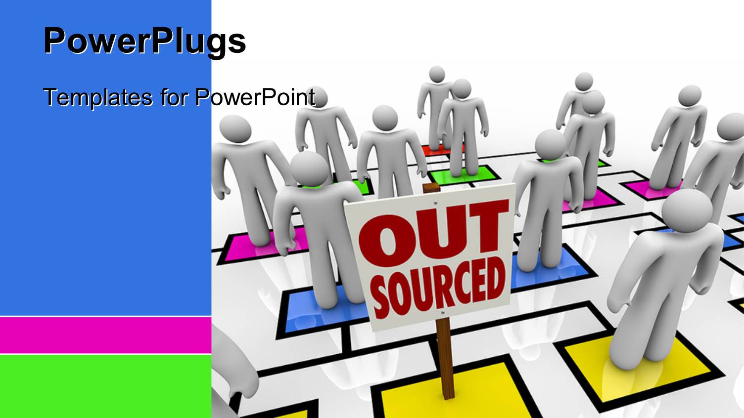 Lots of 3D Characters Standing on Colored Boxes with a Text that Spell Out the Word 