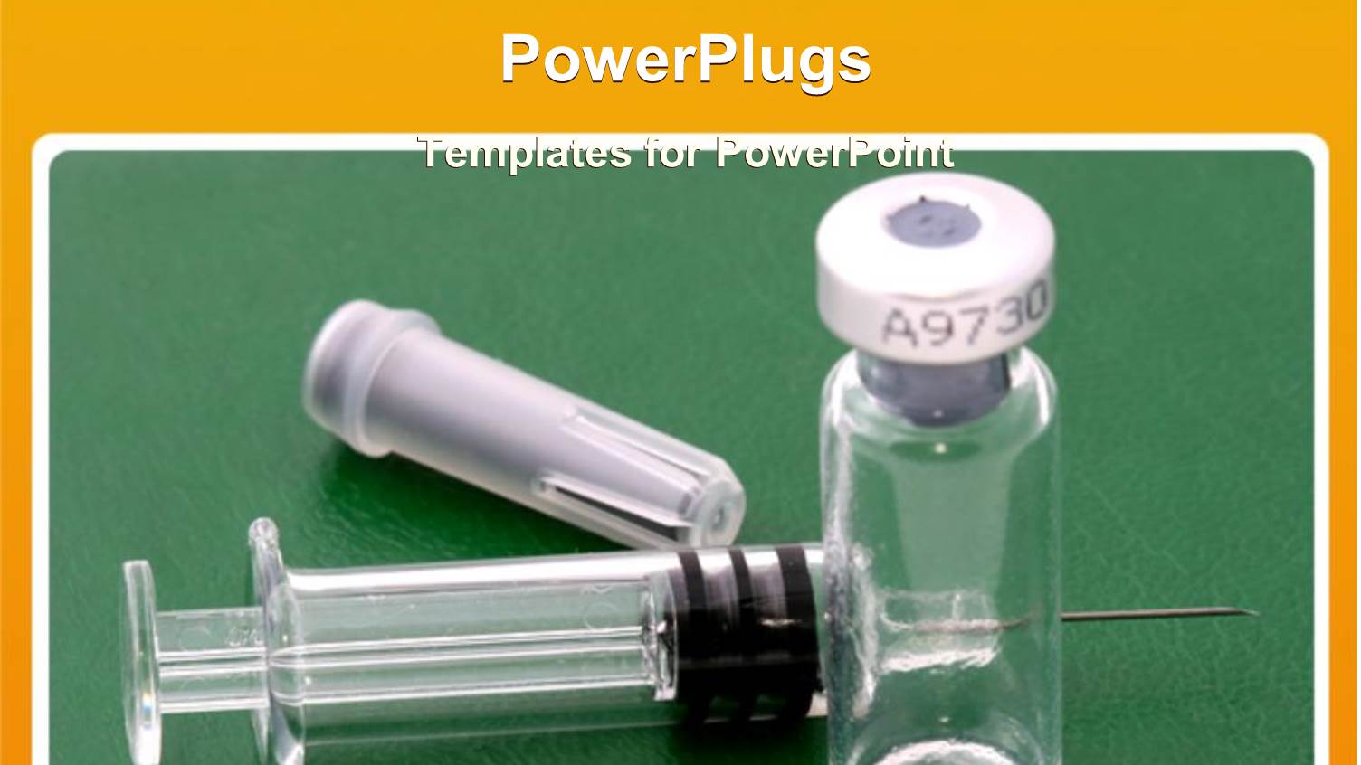 Empty Vial with Syringe and Needle, Green Background, Yellow Border, Medicine, Medical, Health, Vaccine