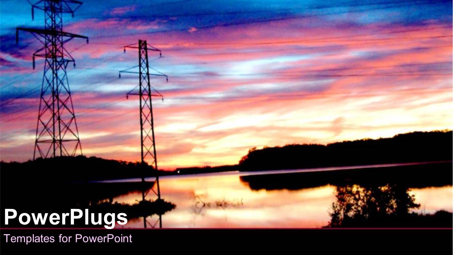 Energy Power Poles with Electricity Lines Over Water with Trees in the Sunset Setting and Sky at Sunset