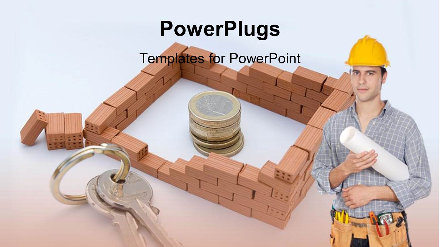 Engineer with Construction Helmet and Brick House Surrounding Coins with Keys