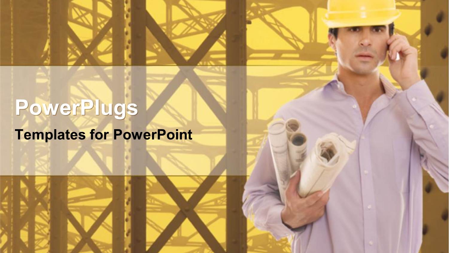 Engineer with Workers Yellow Hard Hat and Construction Papers Blueprints in Hand with Phone at Ear and Construction