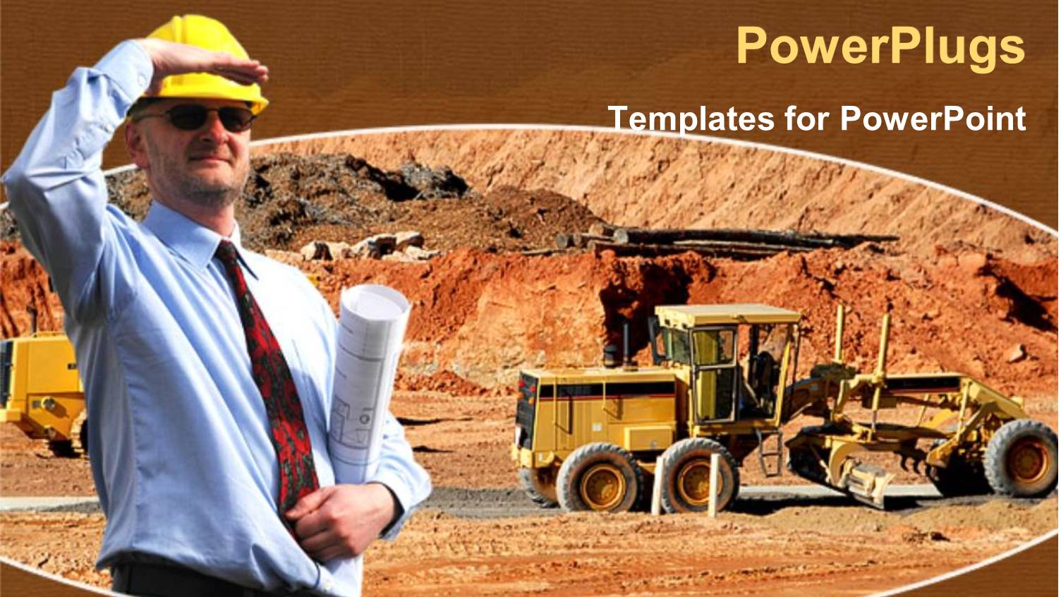 Engineer with Yellow Hardhat and Holding Blueprints in a Construction Side with Construction Machines Working on