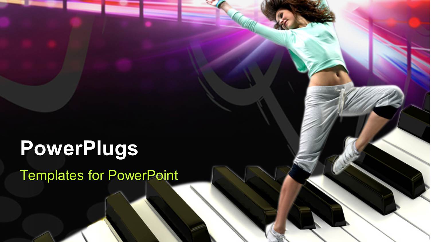 Equalizer Bars in Background with Beautiful Lady Dancing on Piano Keys