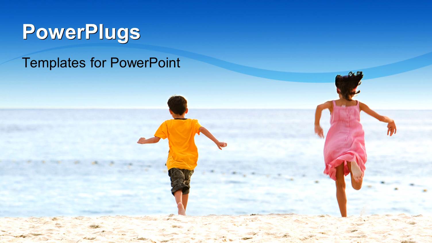 Two Kids Playing Ont he Beach with Sea in Background