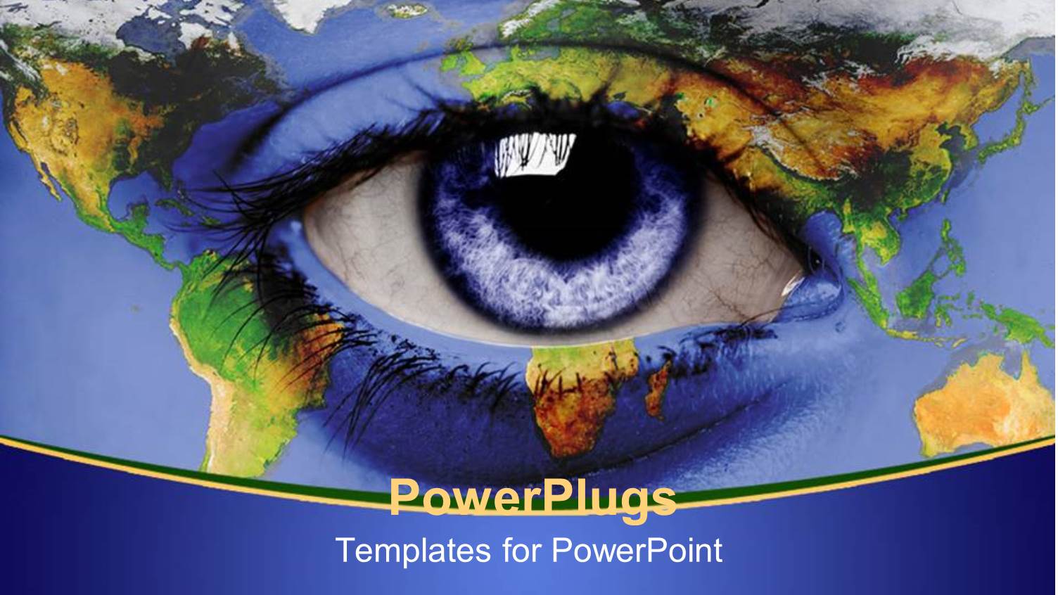 Eye on World Map Blue and Green Background