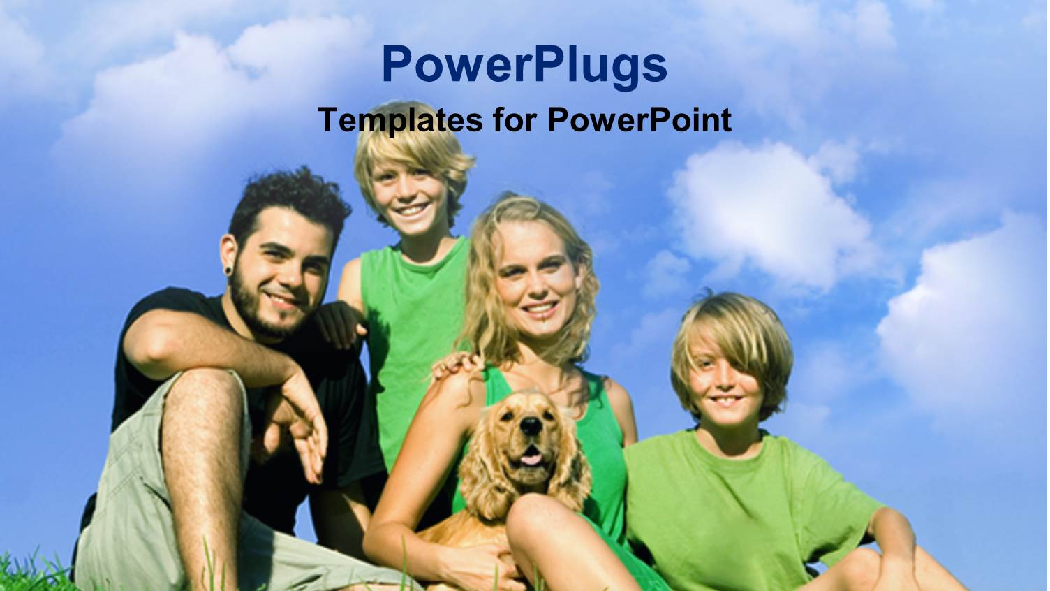 Family of 4 with Dog Smiling on Grass with Blue Sky Background, Happiness, Mother, Father, Boys, Kids, Children