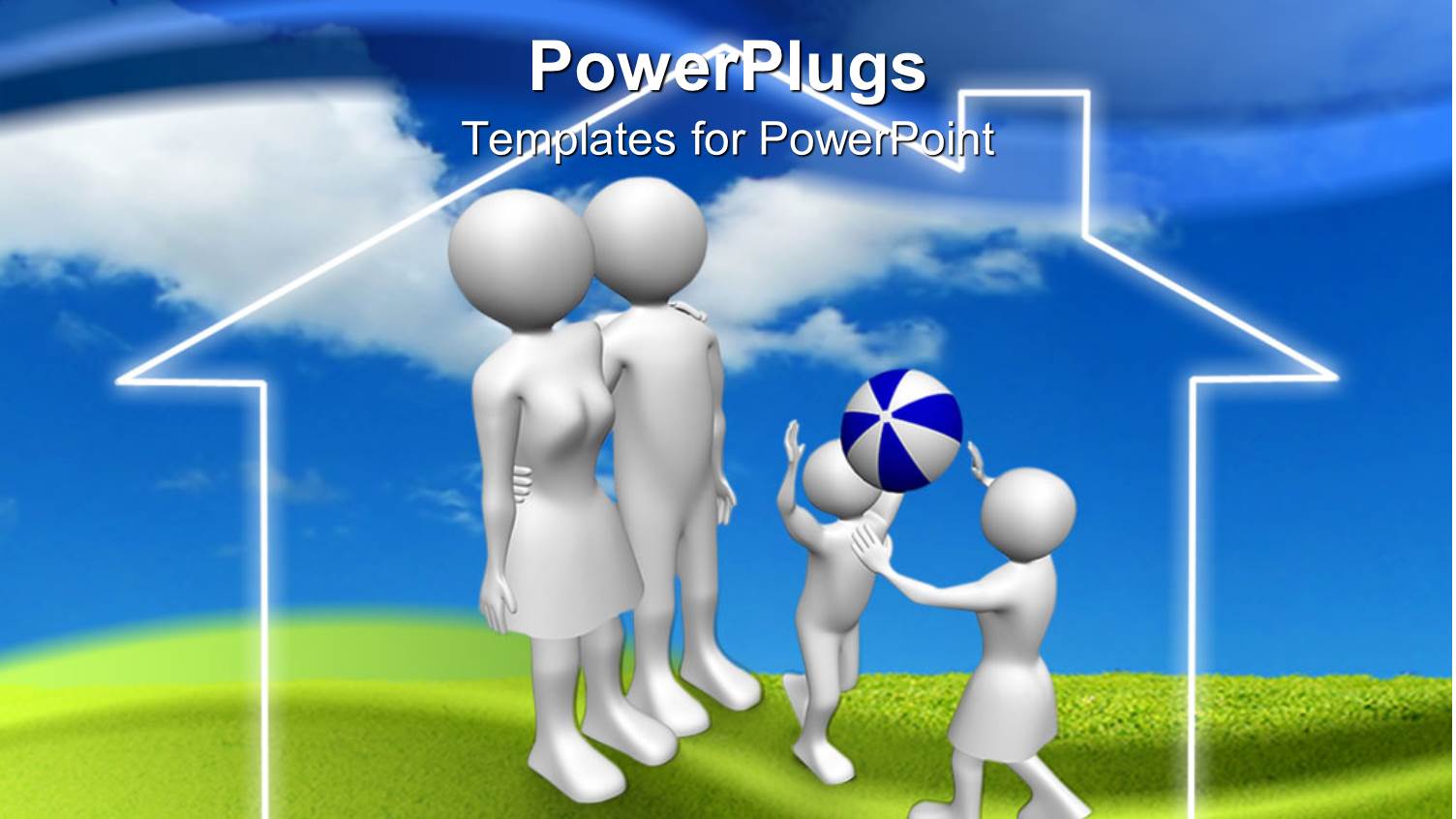 Family with Children Throwing Ball Inside of House, Blue Sky, Green Grass