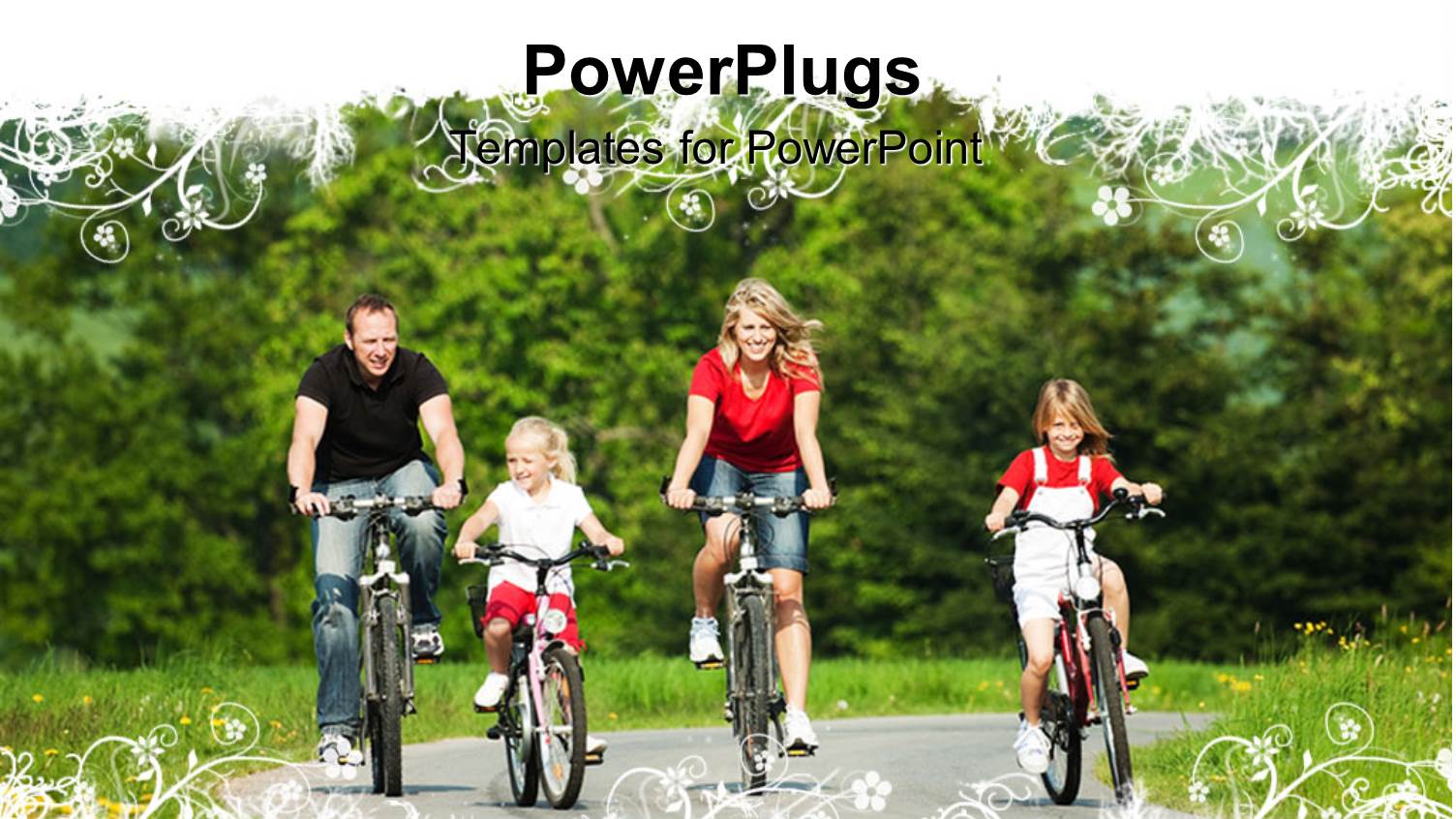 a Family Cycling Together on a Road with Green Background