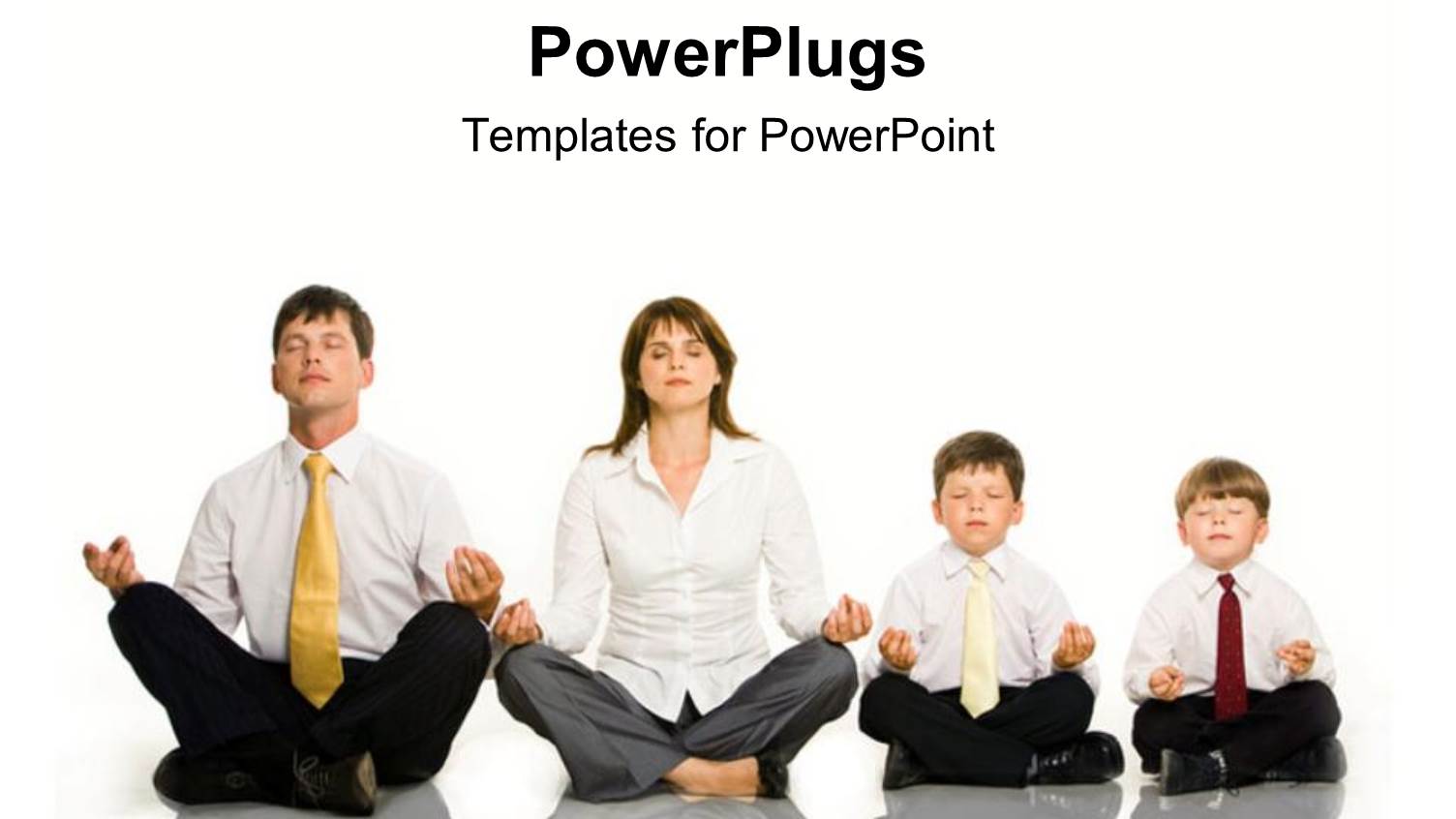 Family of Four Corporately Dressed all Doing Yoga Exercise