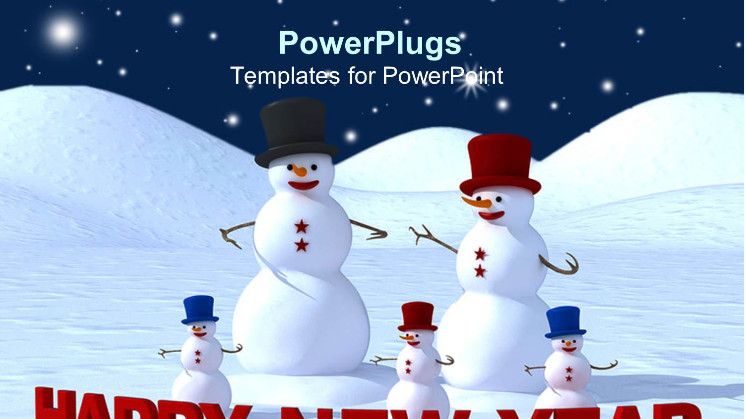 Family of Four Snowmen Wearing Caps with a Happy New Year Text