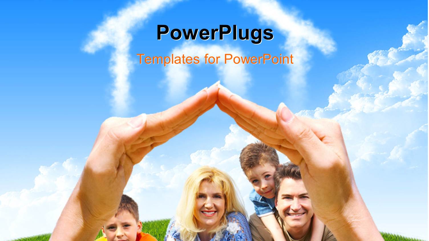 a Family in a Frame Made of Both Hands and Bluish Background